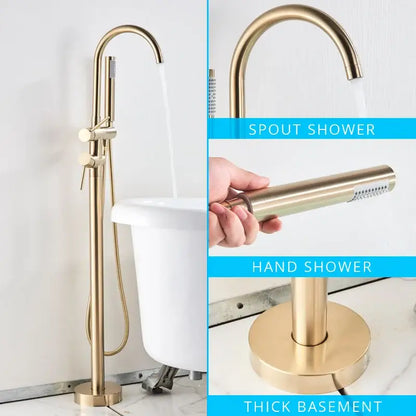 Gold-finished modern dual handle bathtub faucet set with tall spout handheld showerhead and thick basement base