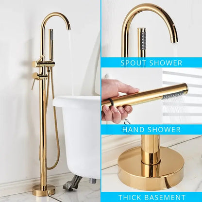 Modern matte black dual handle freestanding bathtub faucet set with gold finish and integrated handheld showerhead base
