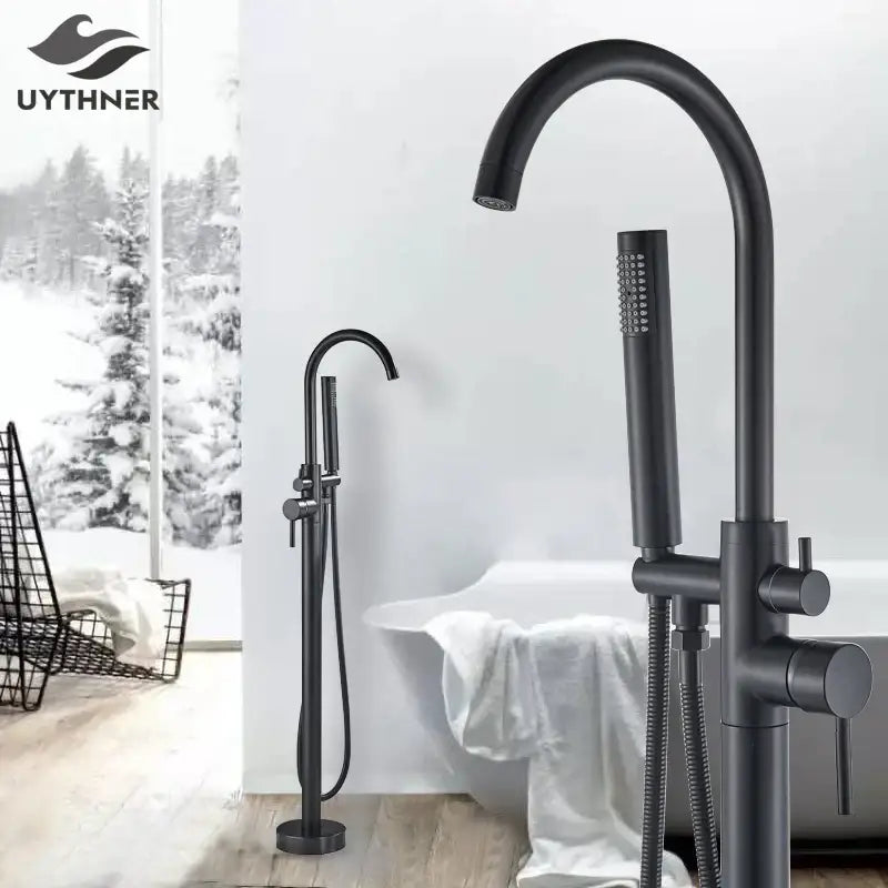 Modern matte black dual handle bathtub faucet set with black matte finish tall curved spout and handheld showerhead