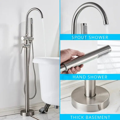 Modern matte black dual handle bathtub faucet set with stainless steel spout and hand shower on thick basement base