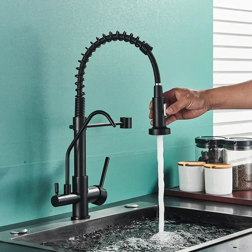 Modern matte black dual handle kitchen faucet with purification spout featuring black matte finish and coiled flexible hose