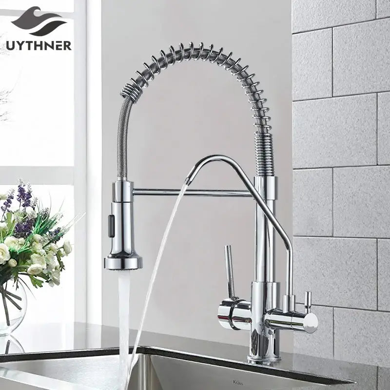 Chrome-finished kitchen faucet with flexible coiled spout and dual handles for hot and cold water control decorbites black dual