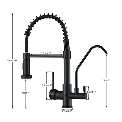 Modern matte black dual handle kitchen faucet with purification spout and flexible gooseneck pull-down spray head by decorbites