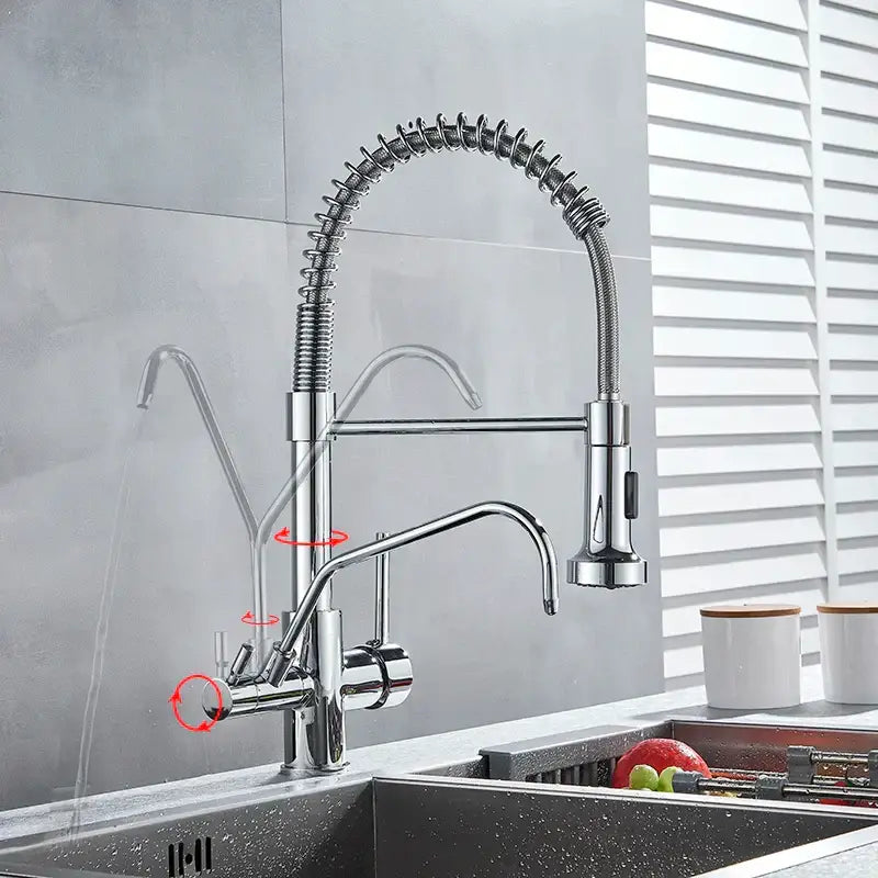 Modern matte black dual handle kitchen faucet with purification spout and chrome pull-down flexible coiled hose spray settings
