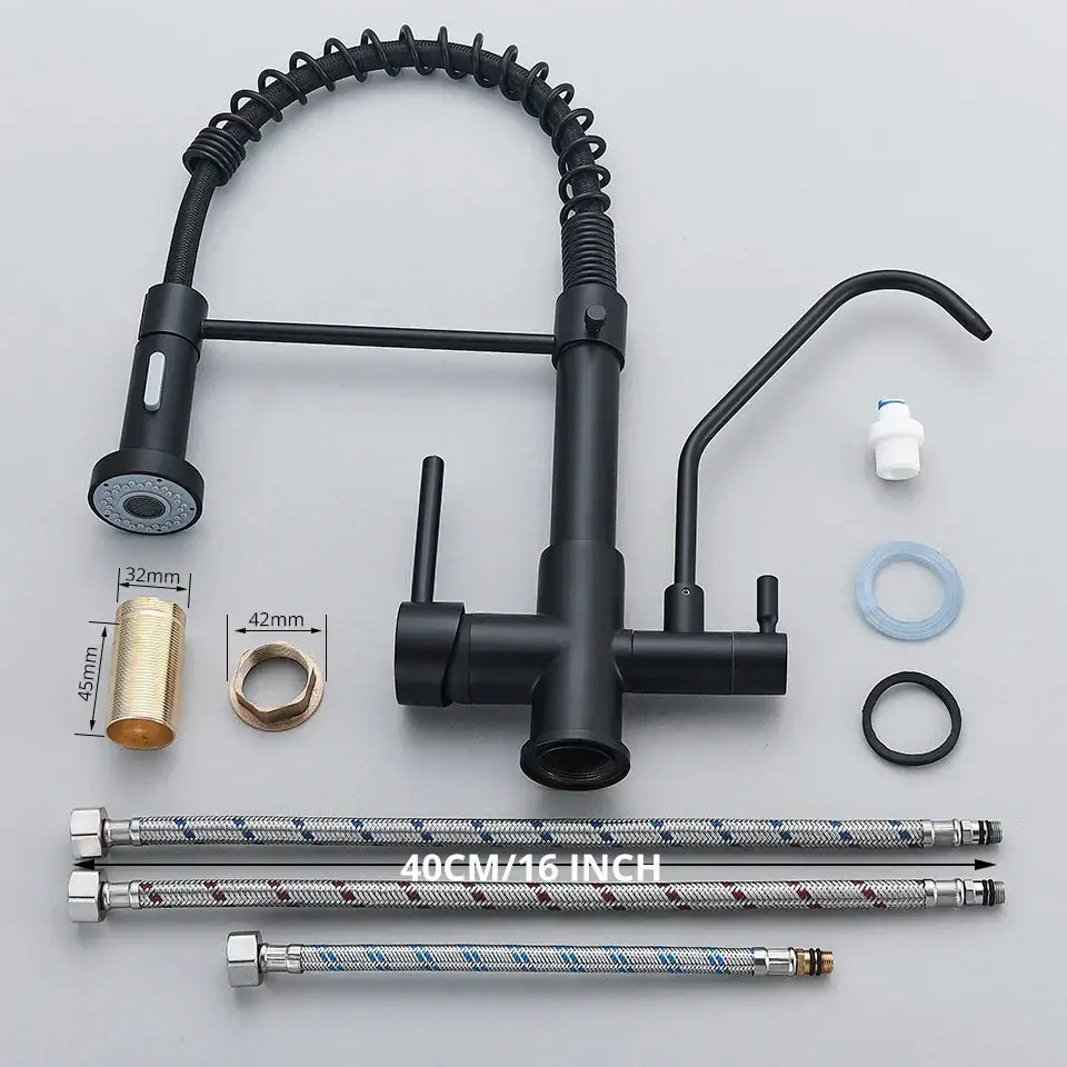 Modern matte black dual handle kitchen faucet with flexible gooseneck spout and brass fittings by decorbites black dual