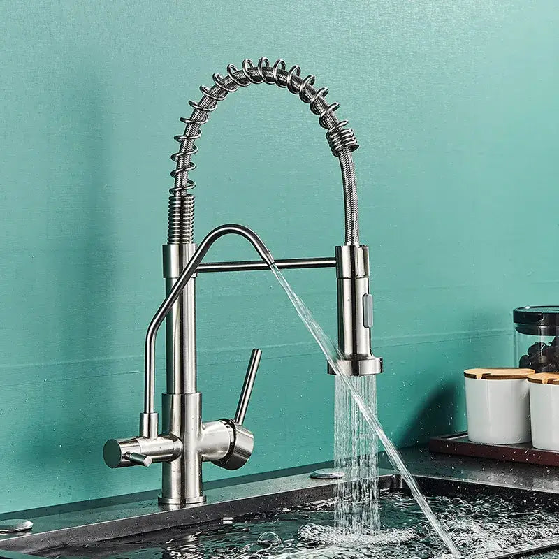 Modern matte black dual handle kitchen faucet with stainless steel flexible coiled hose and dual spray settings decorbites black dual