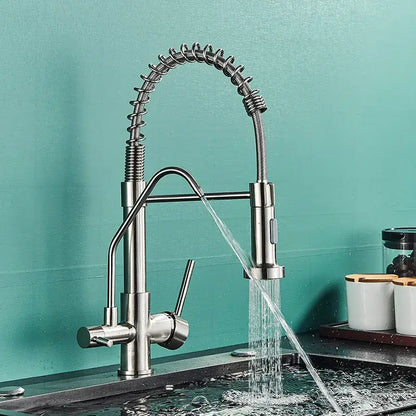 Modern matte black dual handle kitchen faucet with stainless steel flexible coiled hose and dual spray settings decorbites black dual
