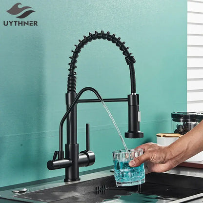 Modern matte black dual handle kitchen faucet with purification spout and flexible coiled gooseneck spray head decorbites black dual