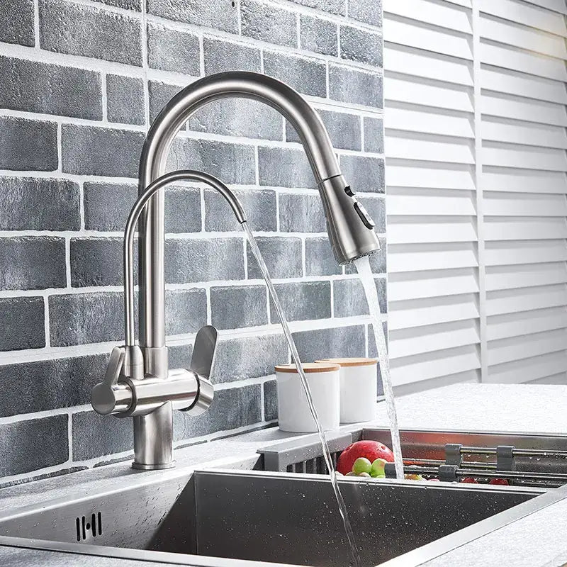 Modern matte black decorbites dual handle waterfilter kitchen faucet with brushed stainless steel curved spout and pull-down spray head