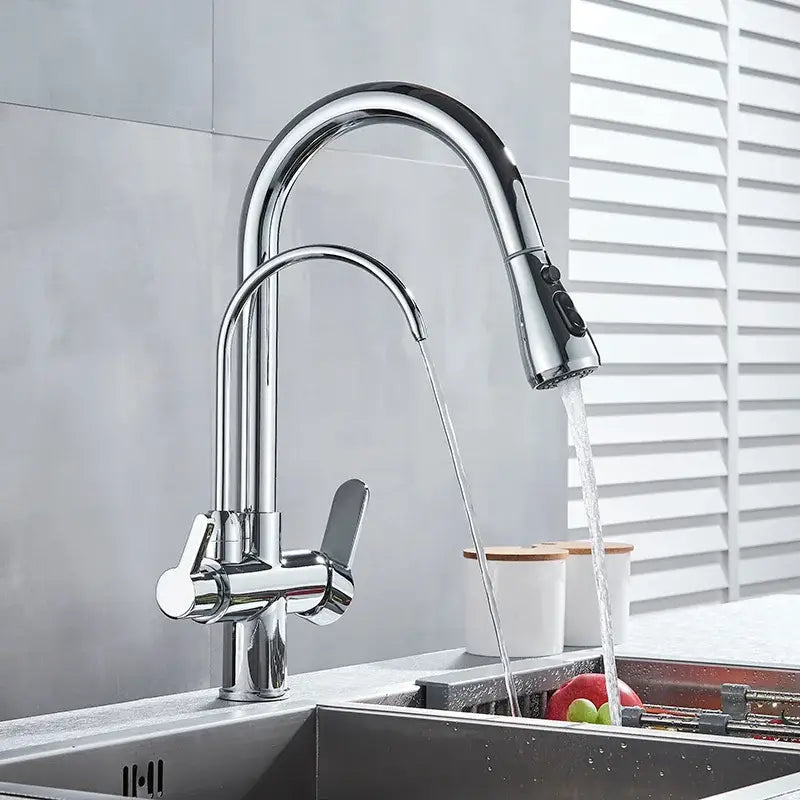Modern matte black dual handle waterfilter kitchen faucet with chrome high-arc pull-down spray head and dual handles
