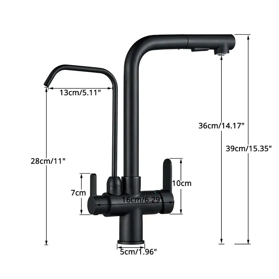 Modern matte black dual handle waterfilter kitchen faucet with black matte finish pull-down spray head decorbites dual handle