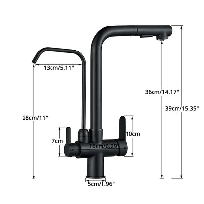 Modern matte black dual handle waterfilter kitchen faucet with black matte finish pull-down spray head decorbites dual handle