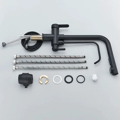 Modern matte black decorbites dual handle kitchen faucet with curved spout braided hoses and dual handle waterfilter system components