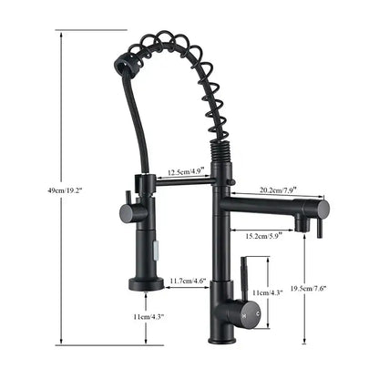 Modern matte black dual spout kitchen sink faucet with flexible spring hose and dual control knobs for hot and cold water decorbites dual spout