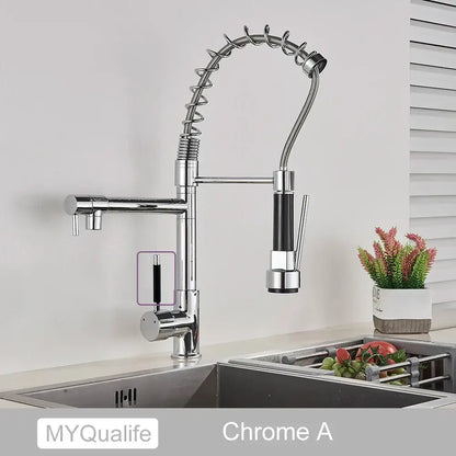 Modern matte black decorbites dual spout kitchen faucet with chrome flexible coil hose and black spray head accents