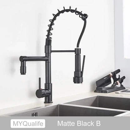 Modern matte black decorbites dual spout kitchen faucet with flexible coiled gooseneck and pull-down spray head