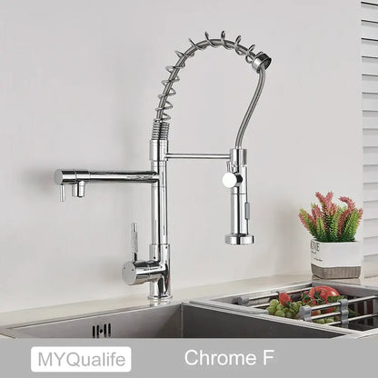 Chrome finished flexible gooseneck kitchen faucet with pull down spray head and multiple knobs for decorbites dual spout sink