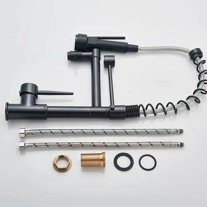 Modern matte black dual spout kitchen sink faucet with flexible spring hose and two handles for decorbites dual spout kitchen use