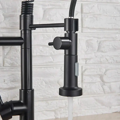 Modern matte black dual spout kitchen sink faucet with spring hose and extendable pull-down spray head for decorbites dual spout use