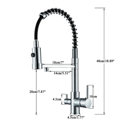 Modern matte black decorbites dual spout kitchen water filter faucet with chrome finish and flexible black-coated spiral hose