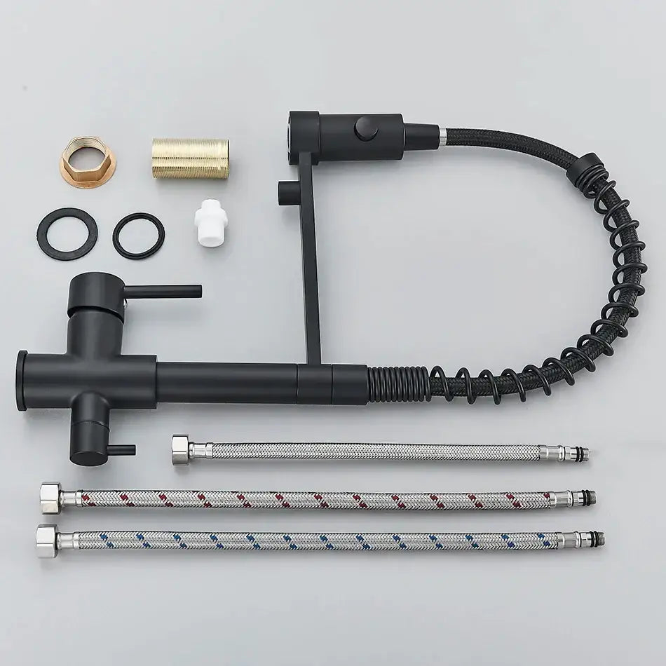 Modern matte black dual spout kitchen water filter faucet with black matte finish, flexible coiled hose, and braided supply tubes for decorbites dual spout kitchen use