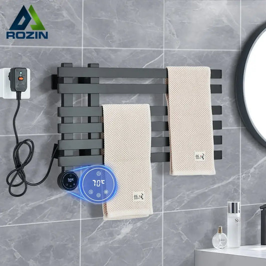 Black matte-finish electric towel warmer with digital temperature display and control panel for bathroom use