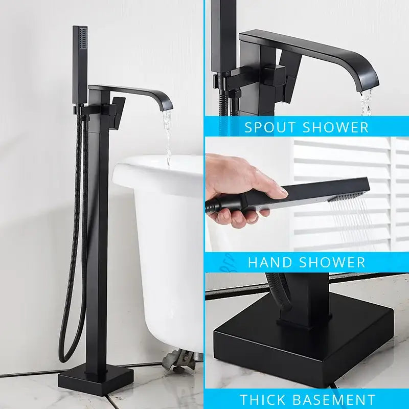Modern matte black floor mounted bathtub faucet with waterfall spout and integrated handheld showerhead by decorbites black floor mounted design