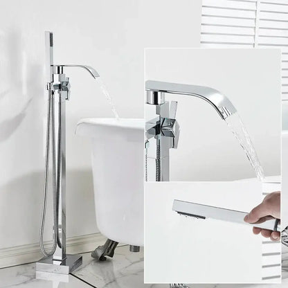 Modern chrome finished freestanding bathtub faucet with sleek angular design and integrated handheld showerhead decorbites black floor mounted