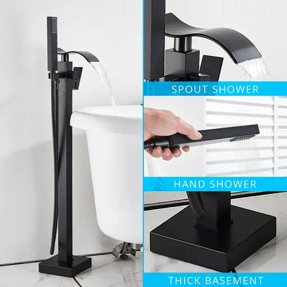 Modern matte black floor mounted bathtub faucet waterfall set with tall handheld and separate hand shower by decorbites black floor mounted