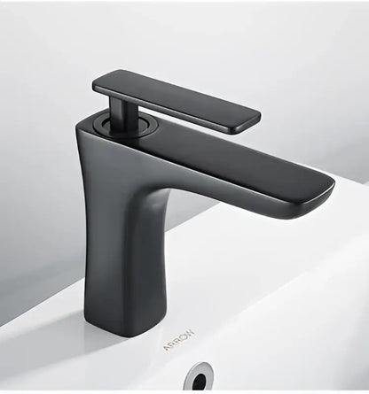 Modern matte black and gold decorbites basin faucet with sleek minimalist design for bathroom use