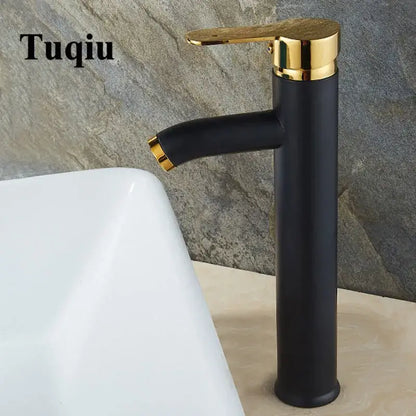 Modern matte black and gold single handle wash basin faucet mixer with tall design by decorbites black single