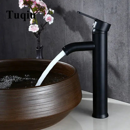 Modern matte black single handle wash basin faucet with sleek cylindrical design decorbites black single model