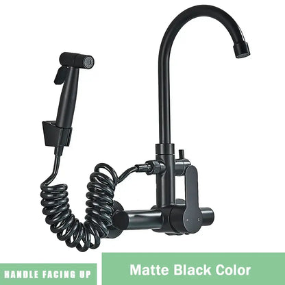 Modern matte black gourmet kitchen faucet with integrated spray nozzle and coiled hose for versatile kitchen use