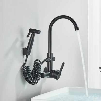 Modern matte black gourmet kitchen faucet with coiled hose and integrated extendable spray nozzle for kitchen faucet use