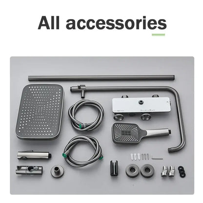 Modern matte black and grey digital shower faucet set with rectangular rainhead and chrome hoses for bathroom rainfall