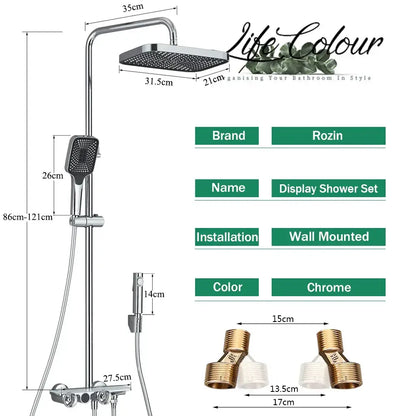 Chrome-finished rozin display shower faucet set with rectangular rain showerhead and handheld spray nozzle for bathroom use