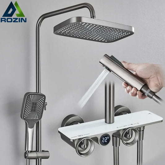 Modern matte black and brushed stainless steel shower faucet set with square rainhead handheld spray and digital display