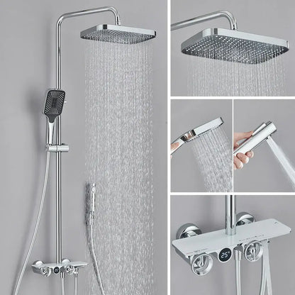 Modern chrome-finished shower faucet set with square rainhead handheld spray and digital temperature display