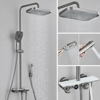 Modern matte black and grey digital shower faucet set with square rainhead handheld spray and temperature display