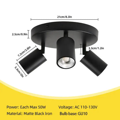 Matte black iron ceiling light with three adjustable heads for modern dining room decorbites gu10 led ceiling use