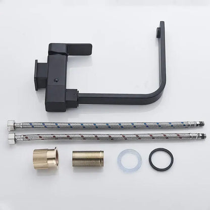 Black matte kitchen faucet with 360 rotating sink mixer tap featuring braided metal hoses and brass fittings