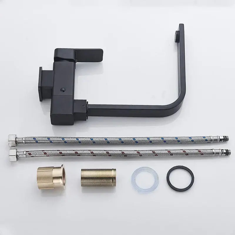 Black matte kitchen faucet with 360 rotating sink mixer tap featuring braided metal hoses and brass fittings