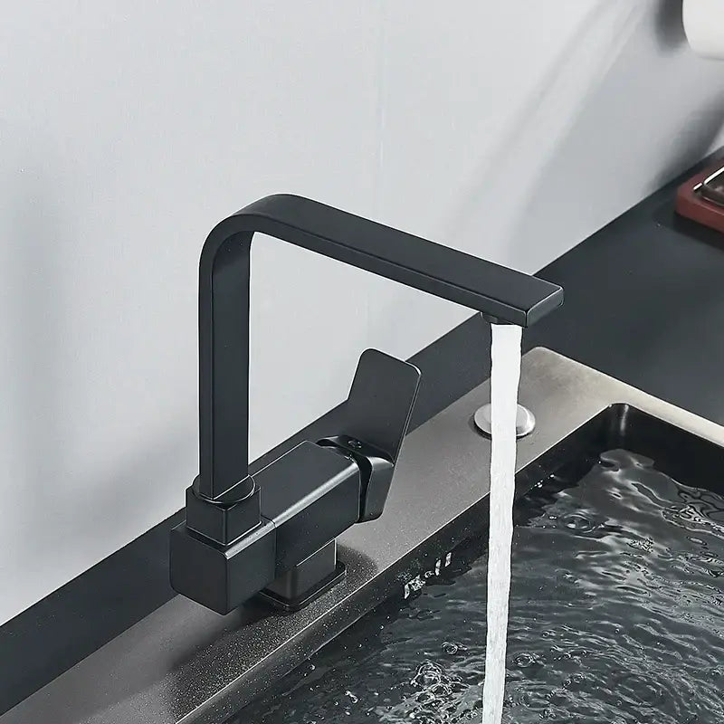 Modern matte black kitchen faucet with sleek angular design and 360 rotating black kitchen sink mixer tap