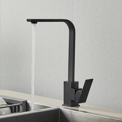 Modern matte black kitchen faucet with a sleek angular design and high-arc spout by decorbites brushed nickel