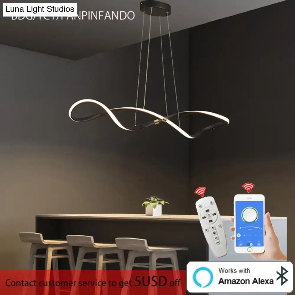 Matte black modern led chandelier with sleek curved design for restaurant kitchen island living room and bedroom lighting