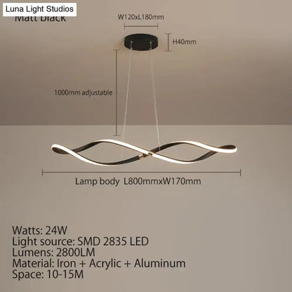 Matte black modern led chandelier with sleek twisted design and integrated lighting for kitchen island and living room