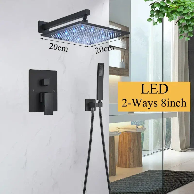 Modern matte black led rainfall shower faucet set with 20cm square led shower head and integrated blue lighting