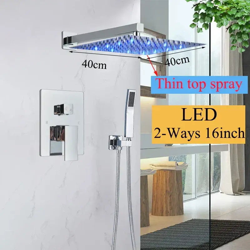 Modern matte black led rainfall shower faucet set featuring a chrome finished 40cm square led shower head with blue lighting