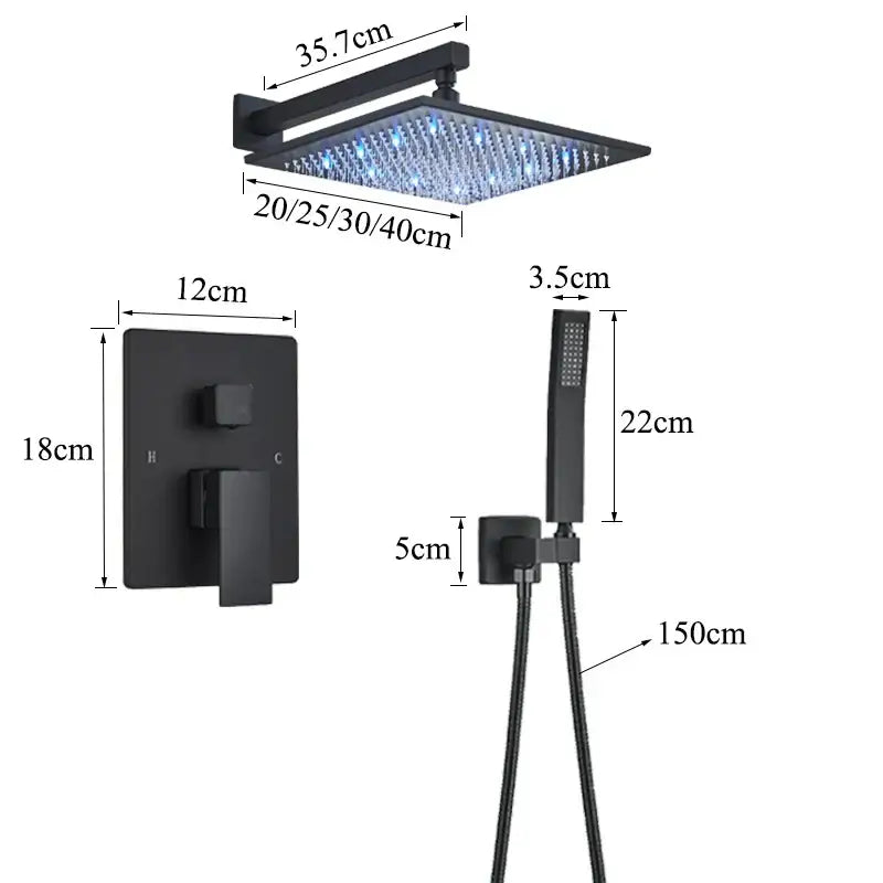 Modern matte black led rainfall shower faucet set featuring a black matte-finish square shower faucet with integrated led lights