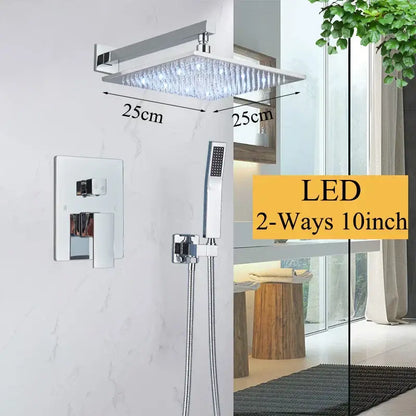 Square chrome showerhead with embedded led lights and crystal accents in modern matte black shower faucet set